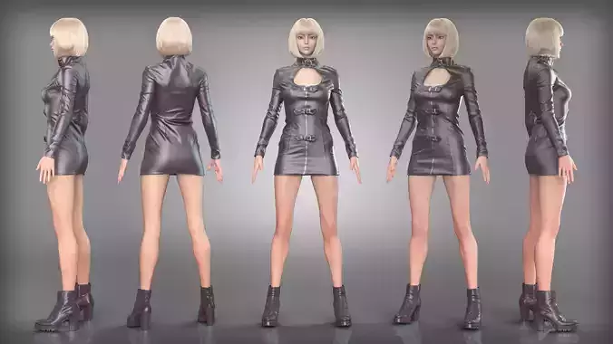 Black Leather Mini Dress and Ankle Boots Ensemble