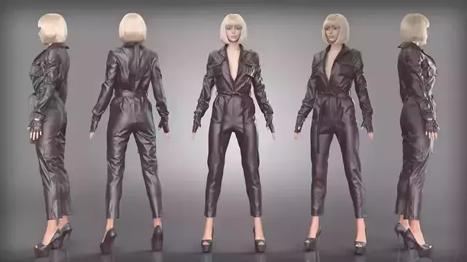 Black Leather Jumpsuit and High Heels Outfit