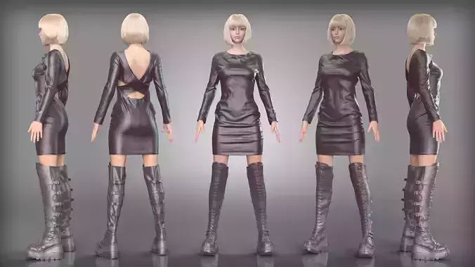 Black Leather Dress and Knee High Boots Outfit