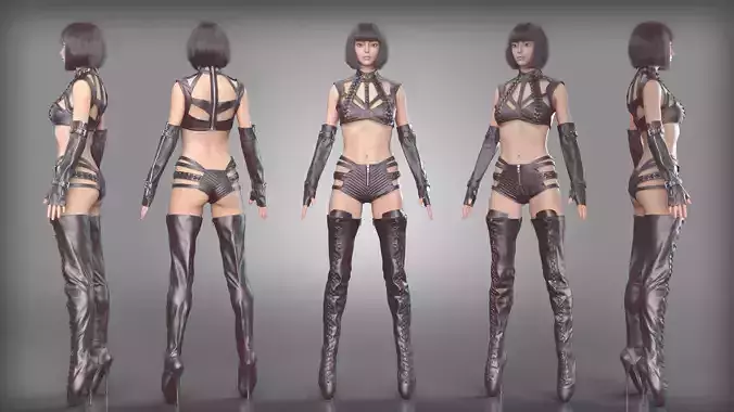Black Leather Cyberpunk Outfit Lace Up Details and High Heels