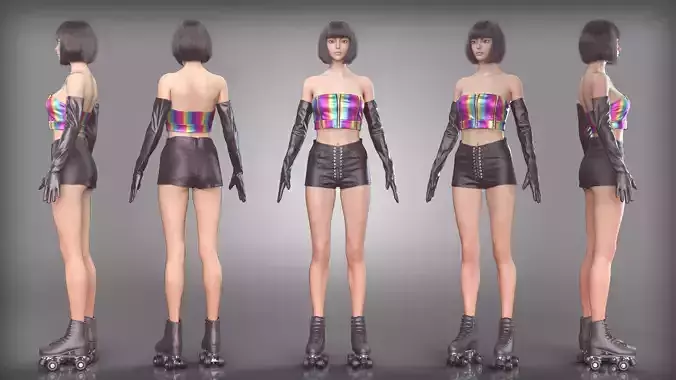 Rainbow Crop Top Leather Shorts Outfit Roller Skates Latex Glove
