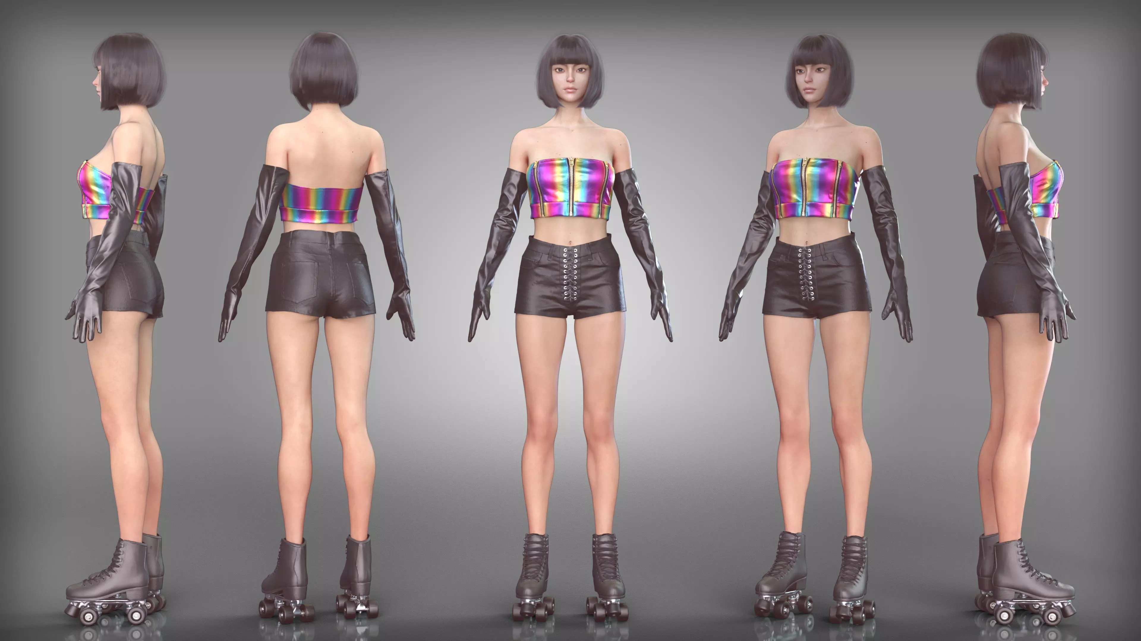 Rainbow Crop Top Leather Shorts Outfit Roller Skates Latex Glove Low-poly 3D model