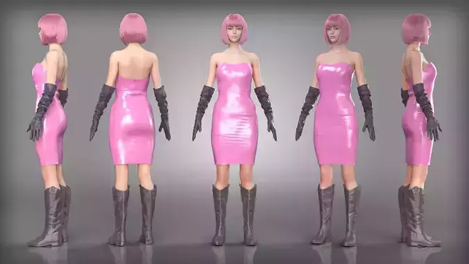 Pink Latex Dress with Black Gloves and Boots
