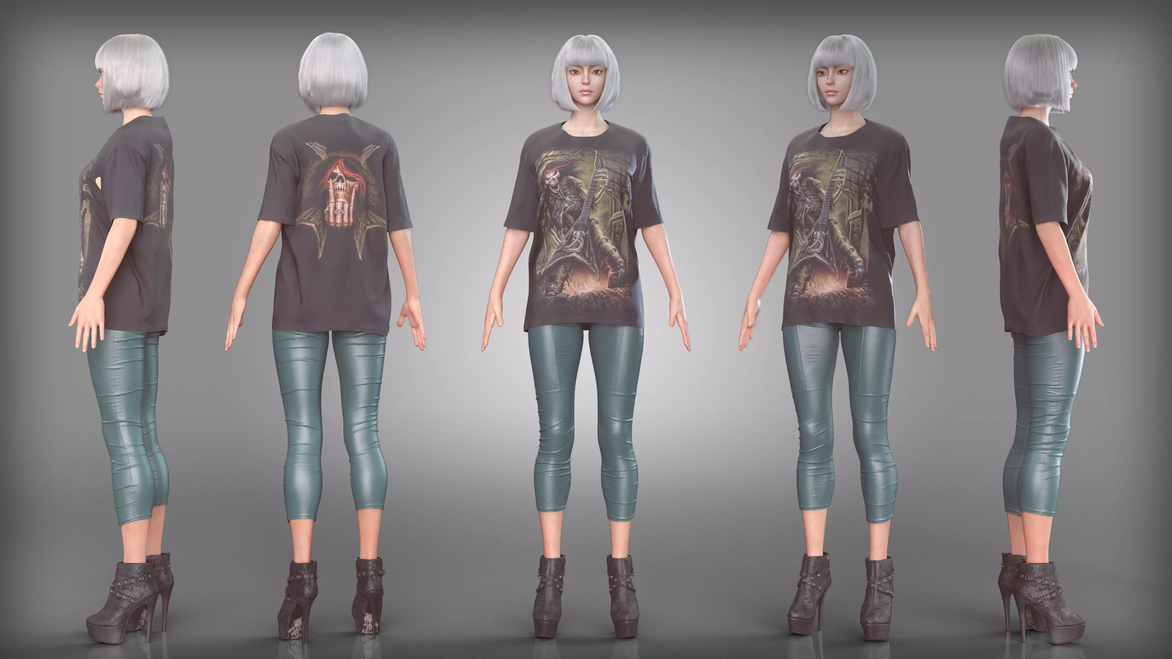 Metal Rocker Graphic Tee Shiny Leather Pants and Studded Boots Low-poly 3D model