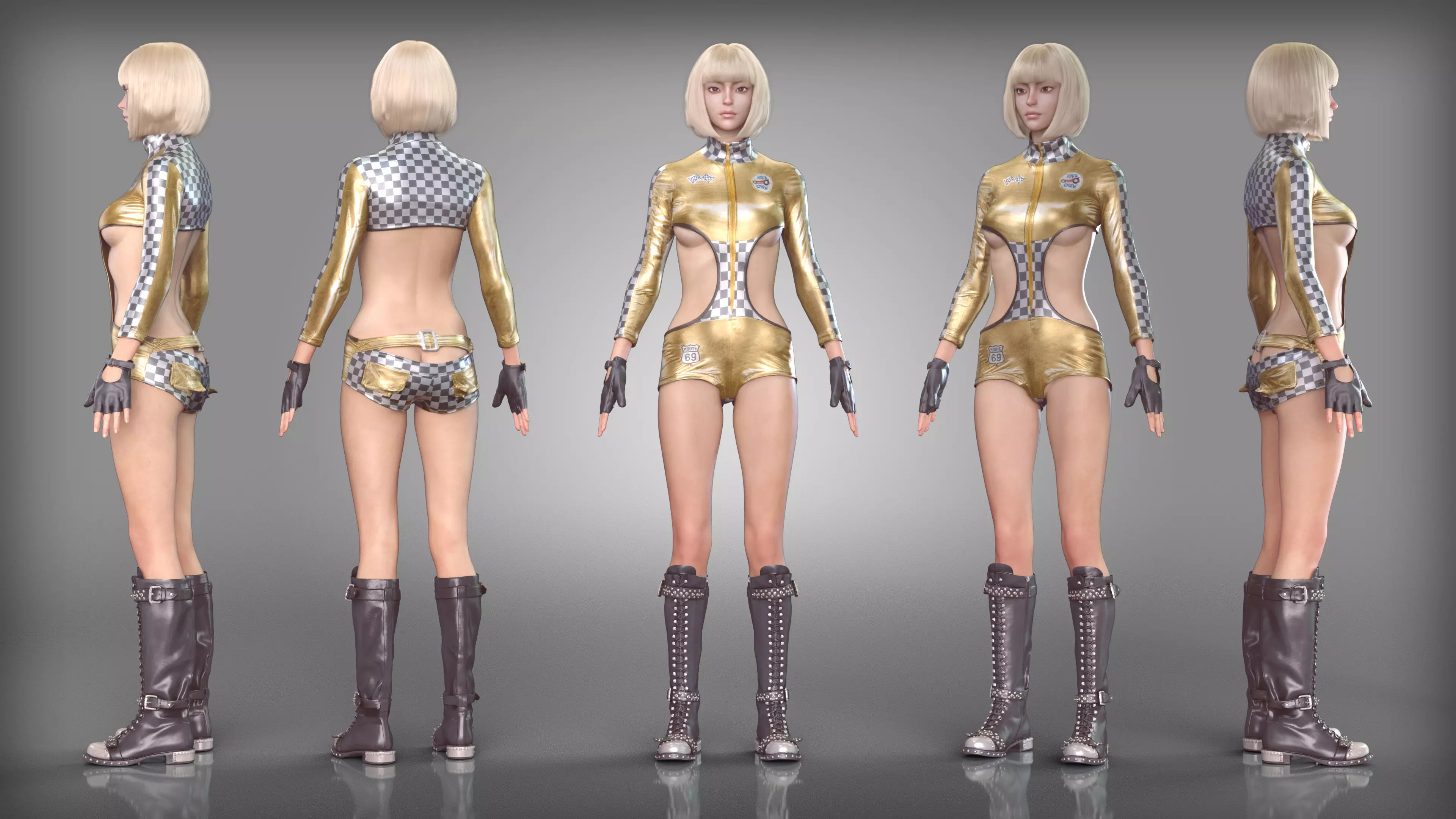 Golden Checkered Racing Outfit and Studded Metal Leather Boots Low-poly 3D model