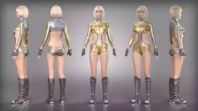 Golden Checkered Racing Outfit and Studded Metal Leather Boots