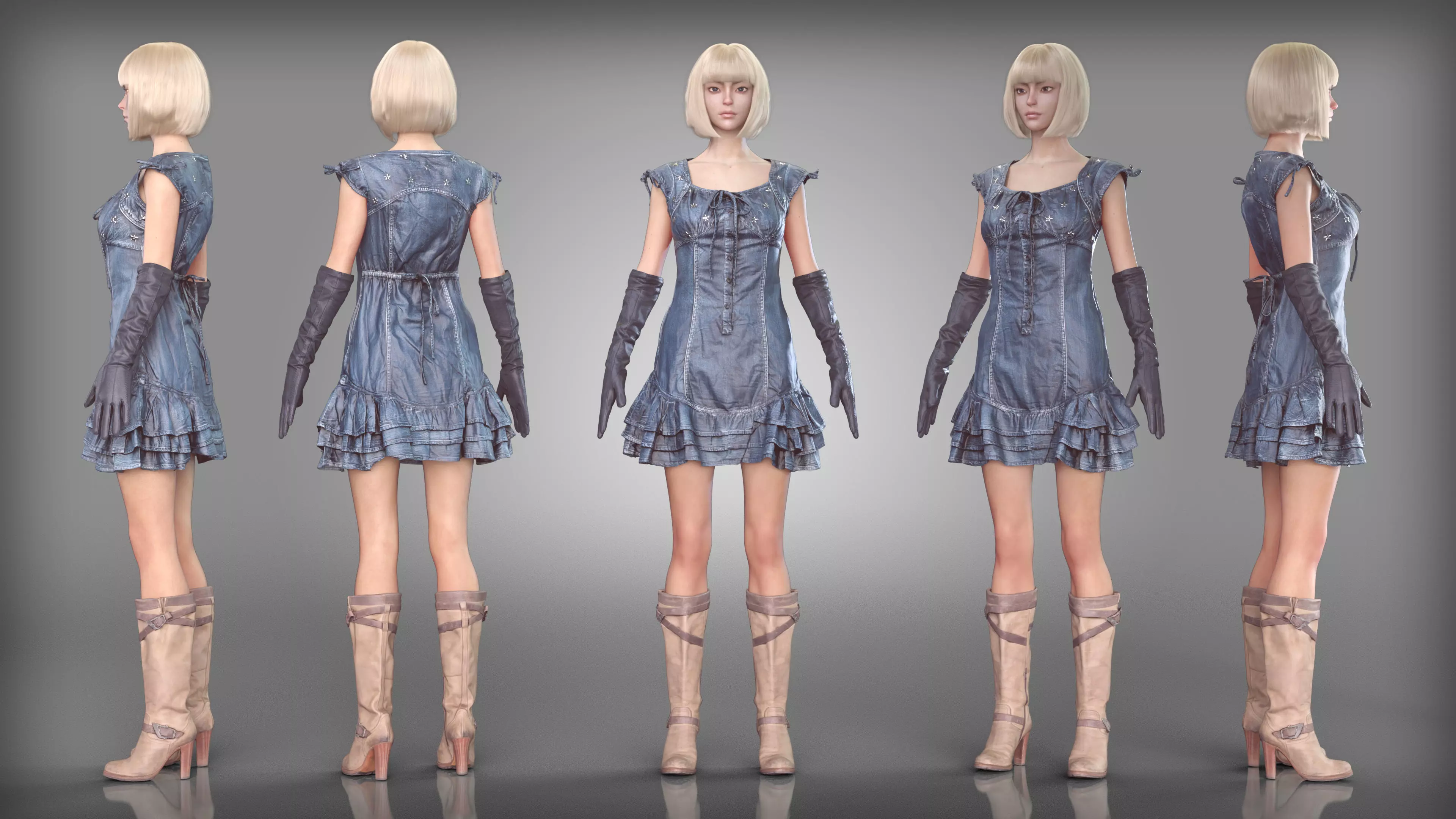 Denim Dress with Leather Gloves and Boots Low-poly 3D model