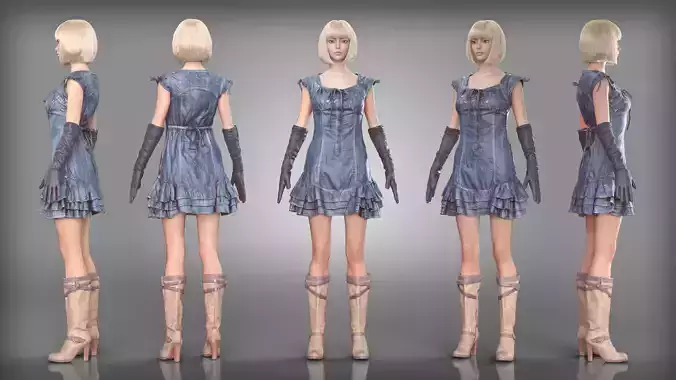 Denim Dress with Leather Gloves and Boots
