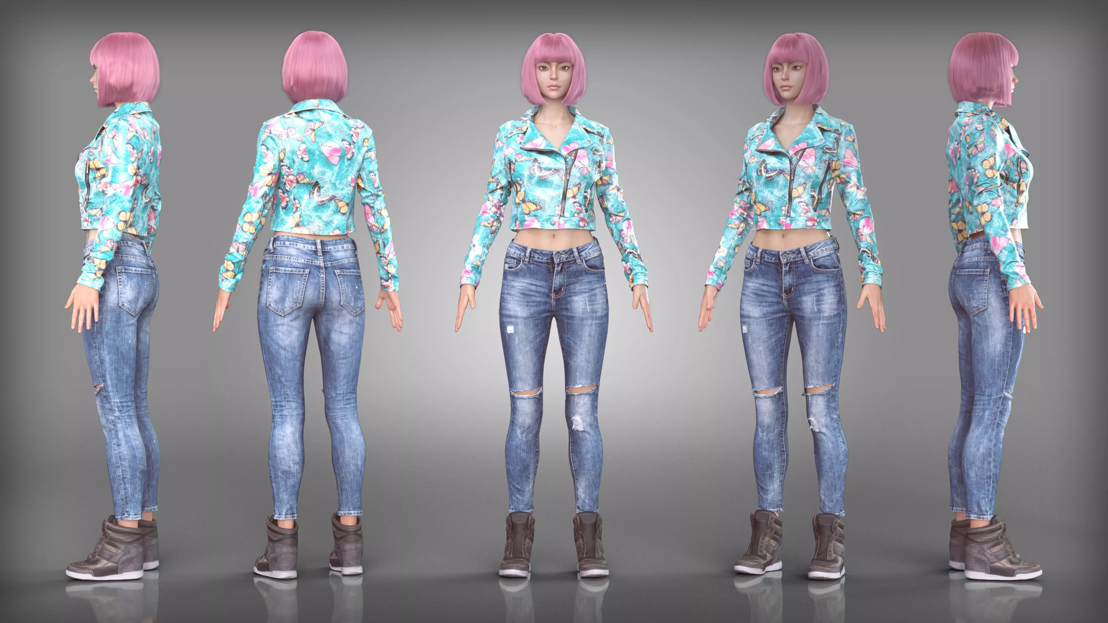 Butterfly Print Jacket and Ripped Jeans Outfit with Sport Wedges Low-poly 3D model