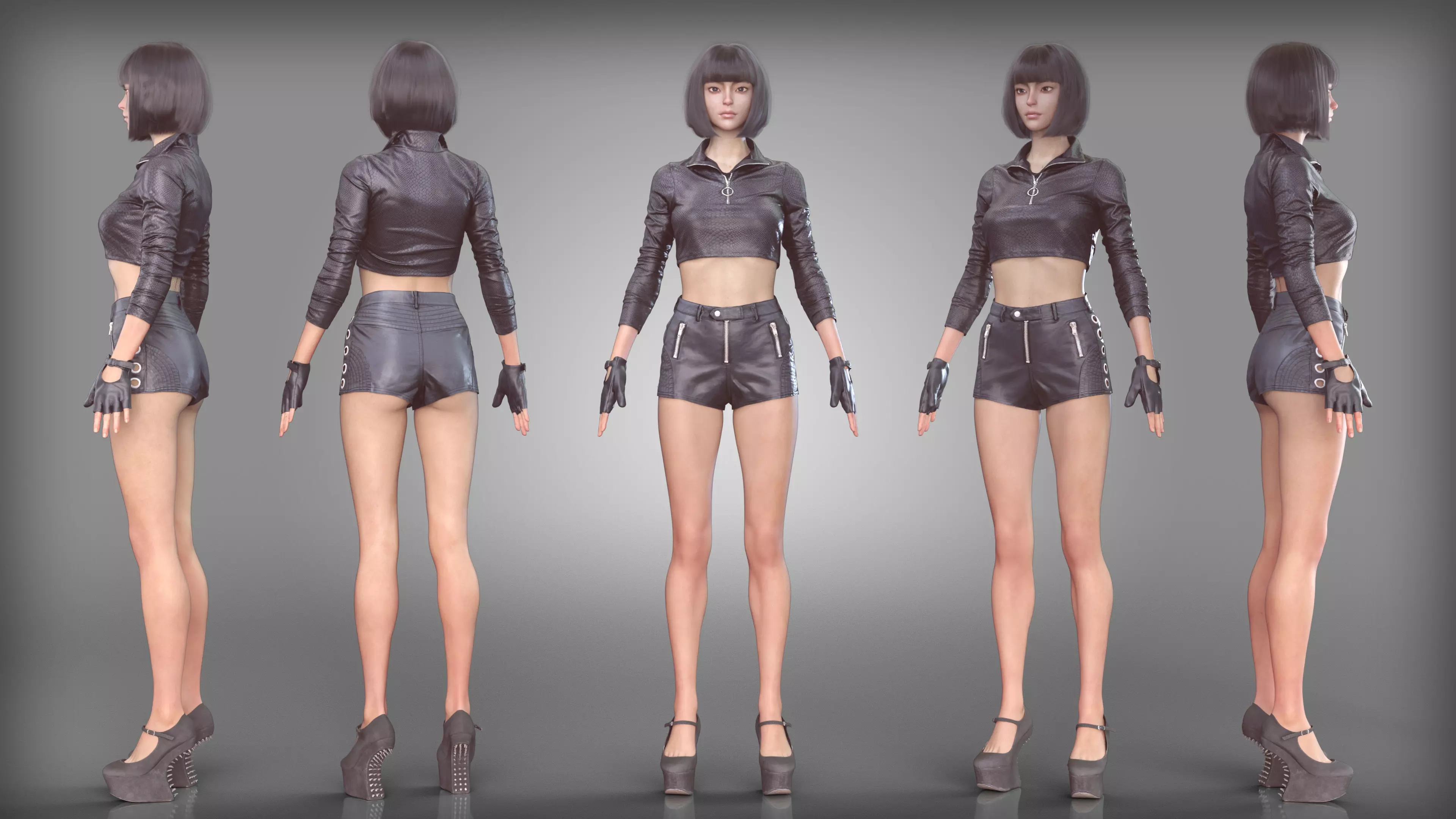 Black Leather Outfit Shiny Shorts High Wedge Heels and Gloves Low-poly 3D model