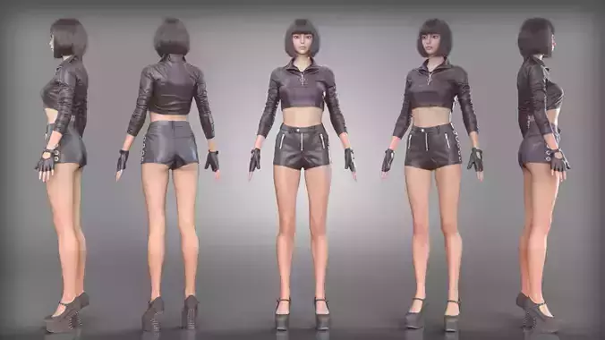 Black Leather Outfit Shiny Shorts High Wedge Heels and Gloves