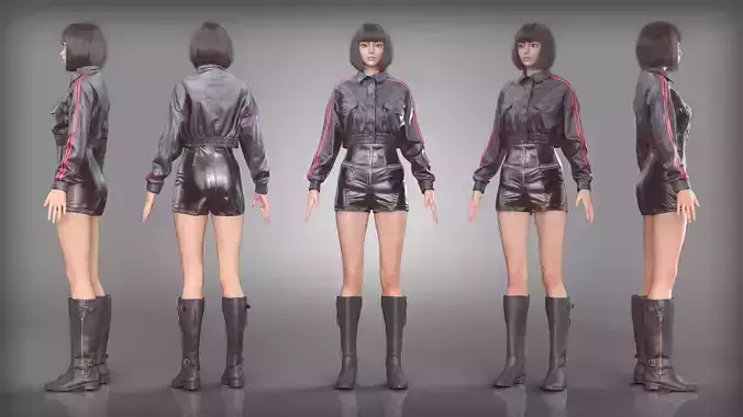 Black Leather Jacket Red Stripes and Shorts Outfit Tall Boots