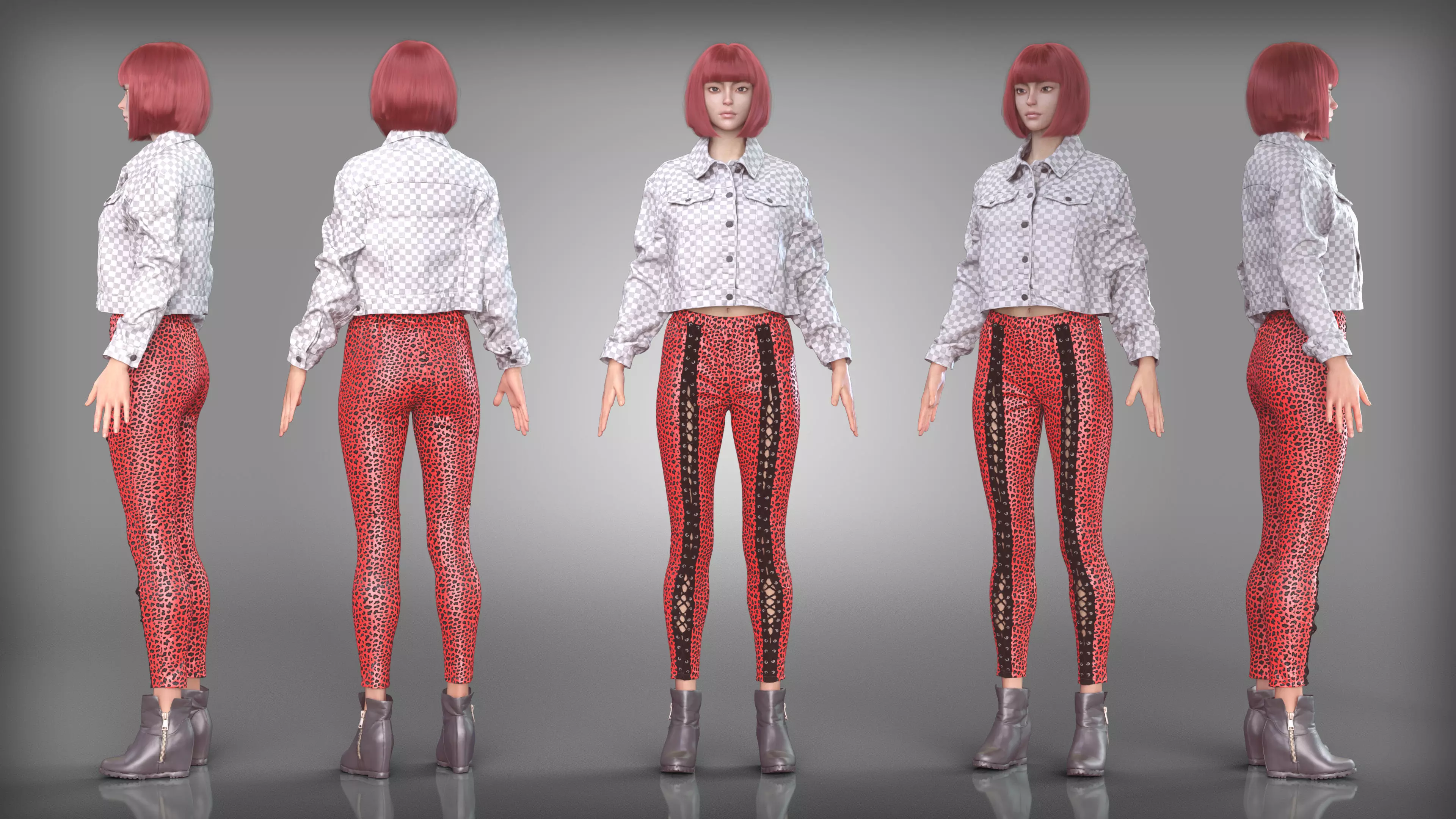 Leopard Print Leggings Crop Jacket Outfit Leather Wedge Boots Low-poly 3D model