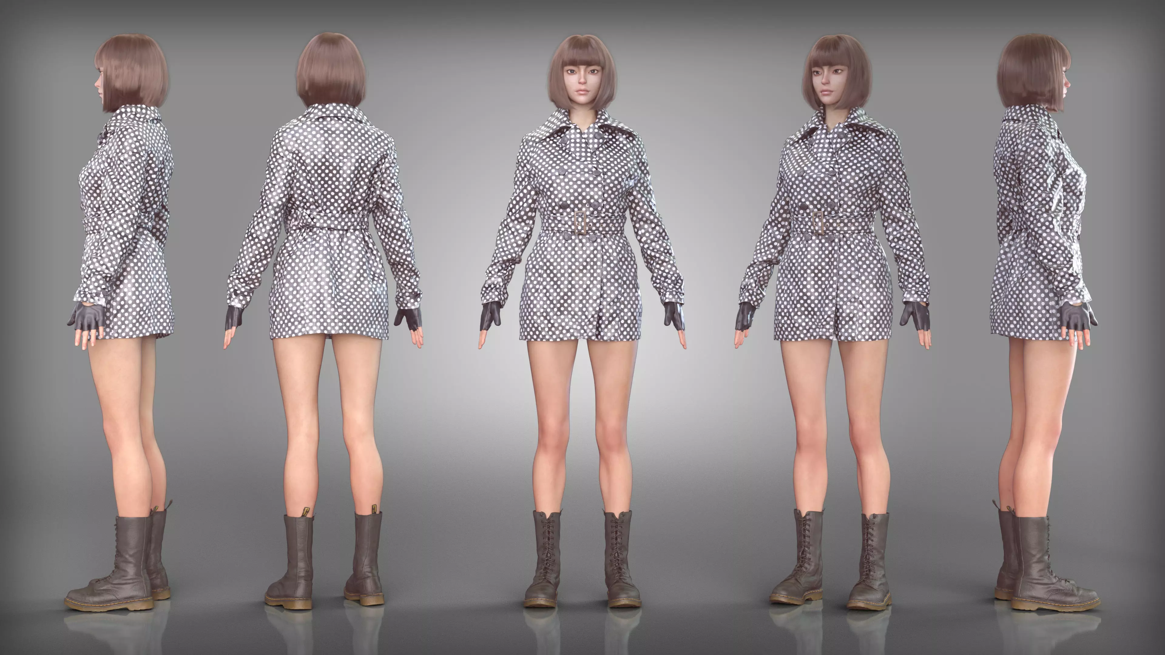 Polka Dot Trench Coat and Boots Outfit Low-poly 3D model