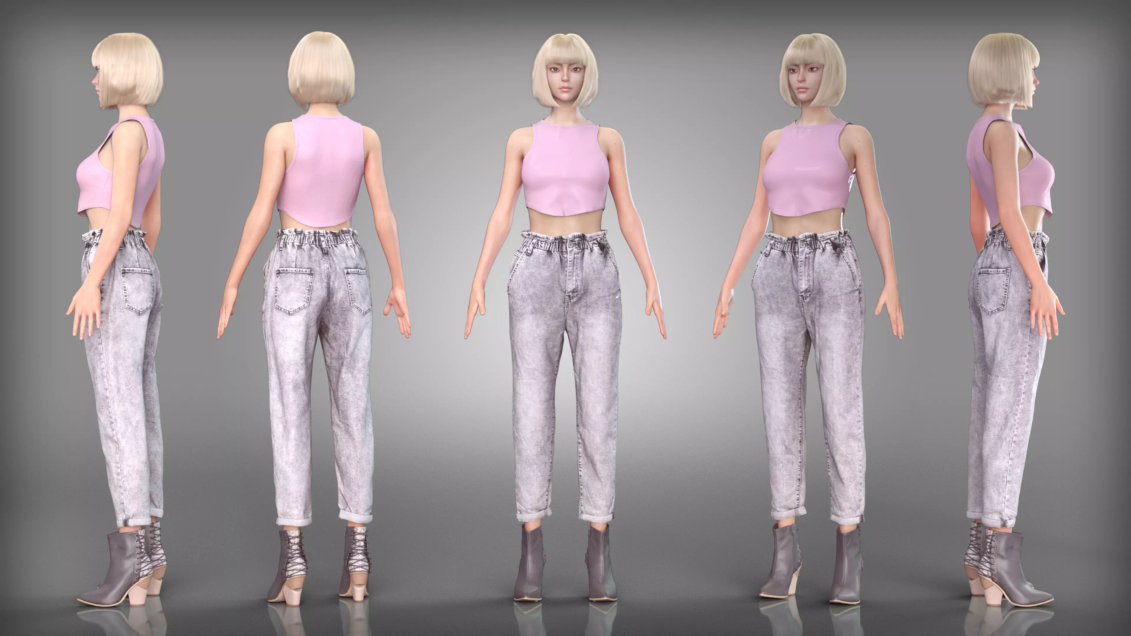 Pink Crop Top and High Waisted Jeans Outfit with Laced Heels Low-poly 3D model
