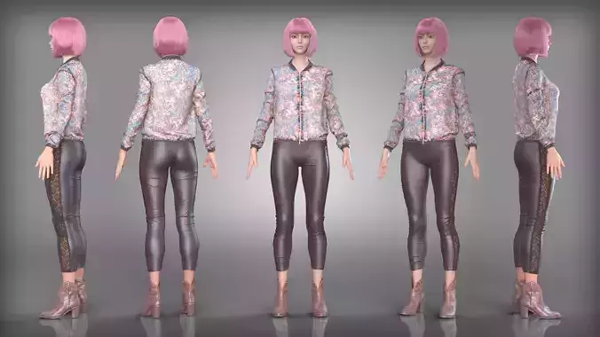 Pink Bomber Jacket and Leather Lace Leggings Outfit Brown Boots