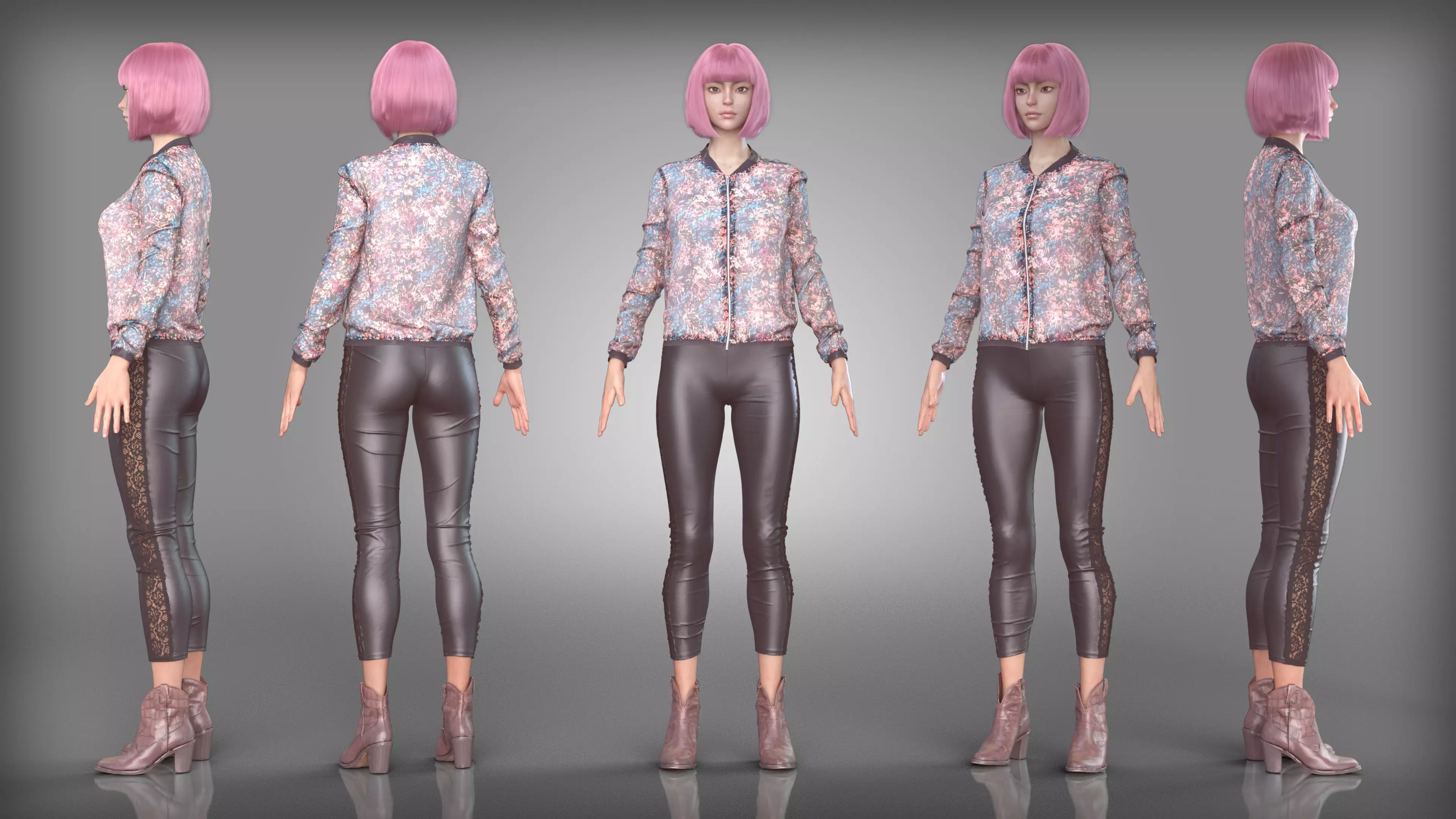 Pink Bomber Jacket and Leather Lace Leggings Outfit Brown Boots Low-poly 3D model