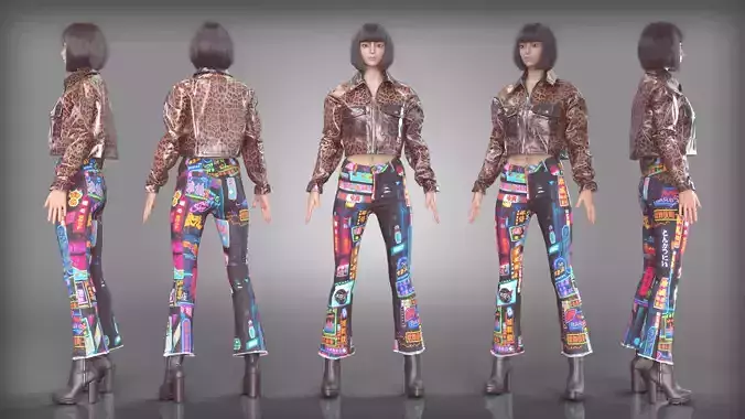 Neon Night Jeans Outfit with Shiny Leopard Jacket Leather Boots