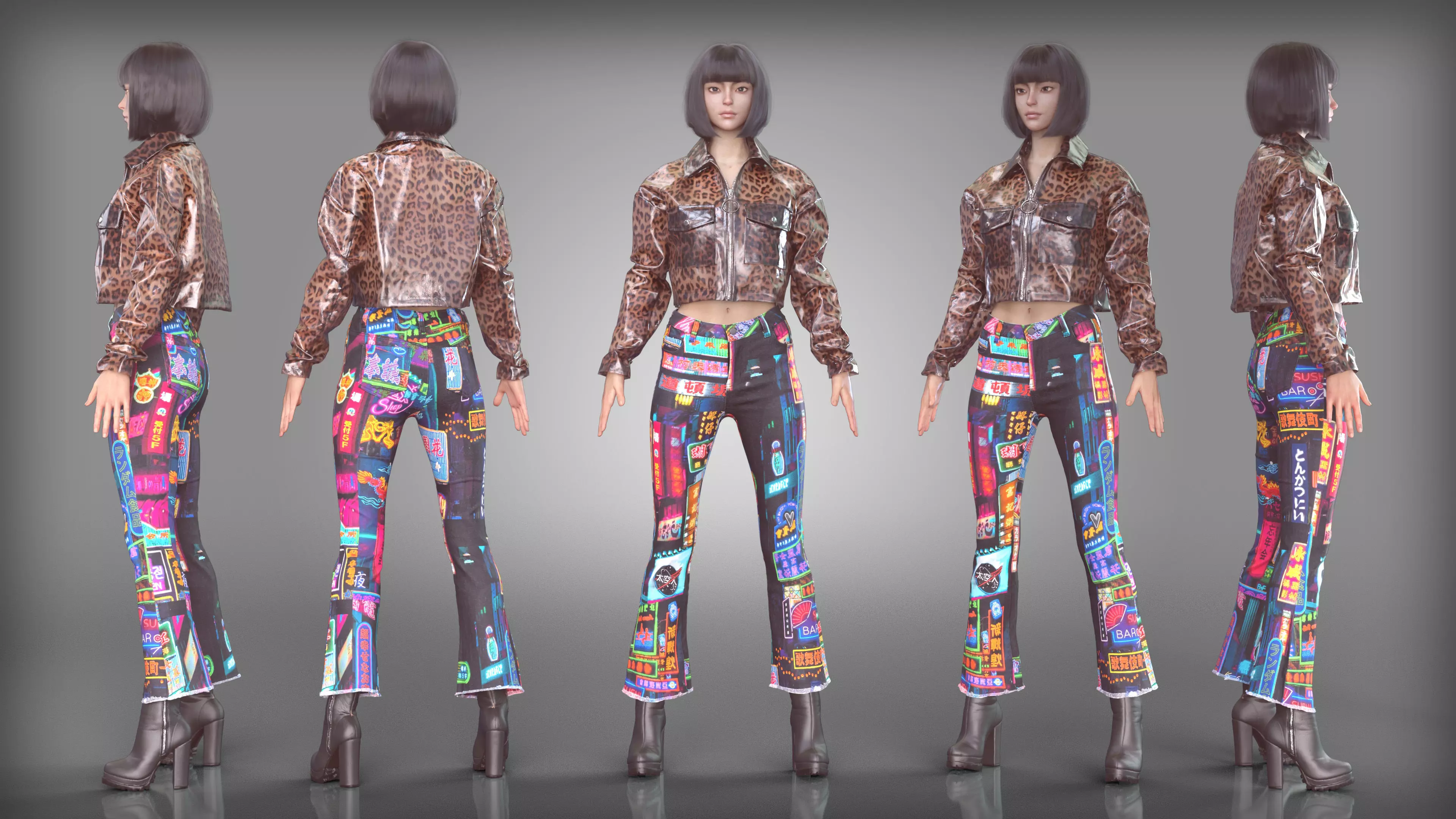 Neon Night Jeans Outfit with Shiny Leopard Jacket Leather Boots Low-poly 3D model
