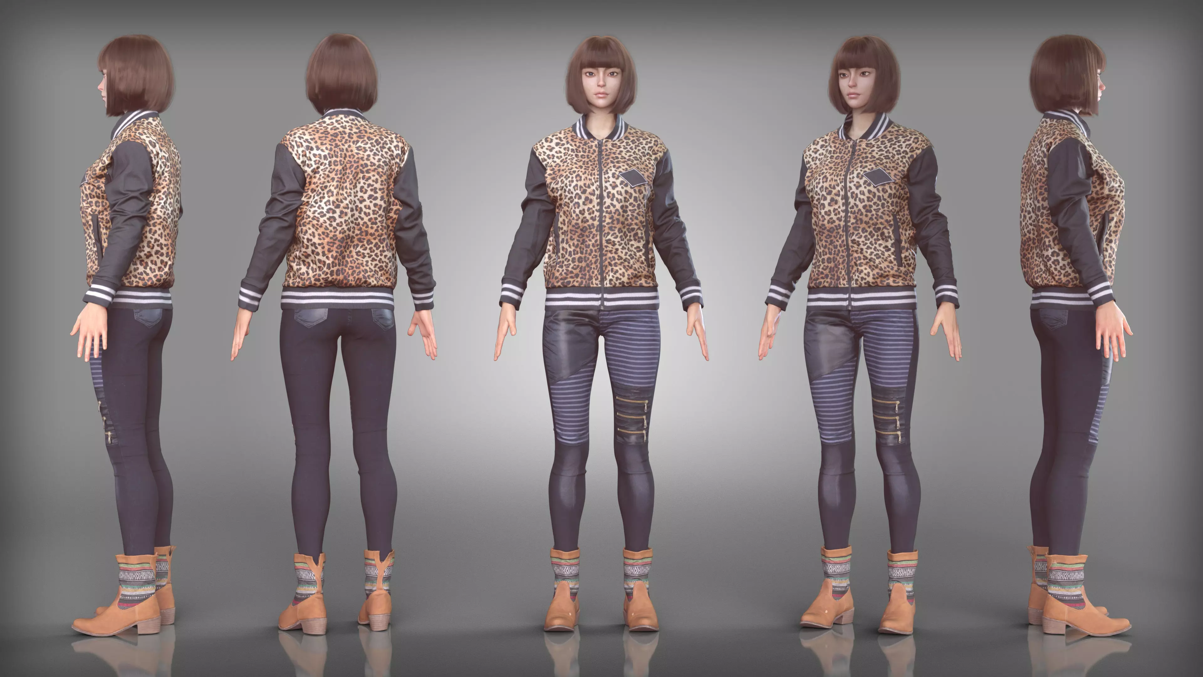 Leopard Print Bomber Jacket Outfit with Panel Jeans Brown Boots Low-poly 3D model