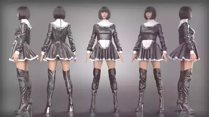 Elegant Black Leather Maid Outfit with Thigh High Boots