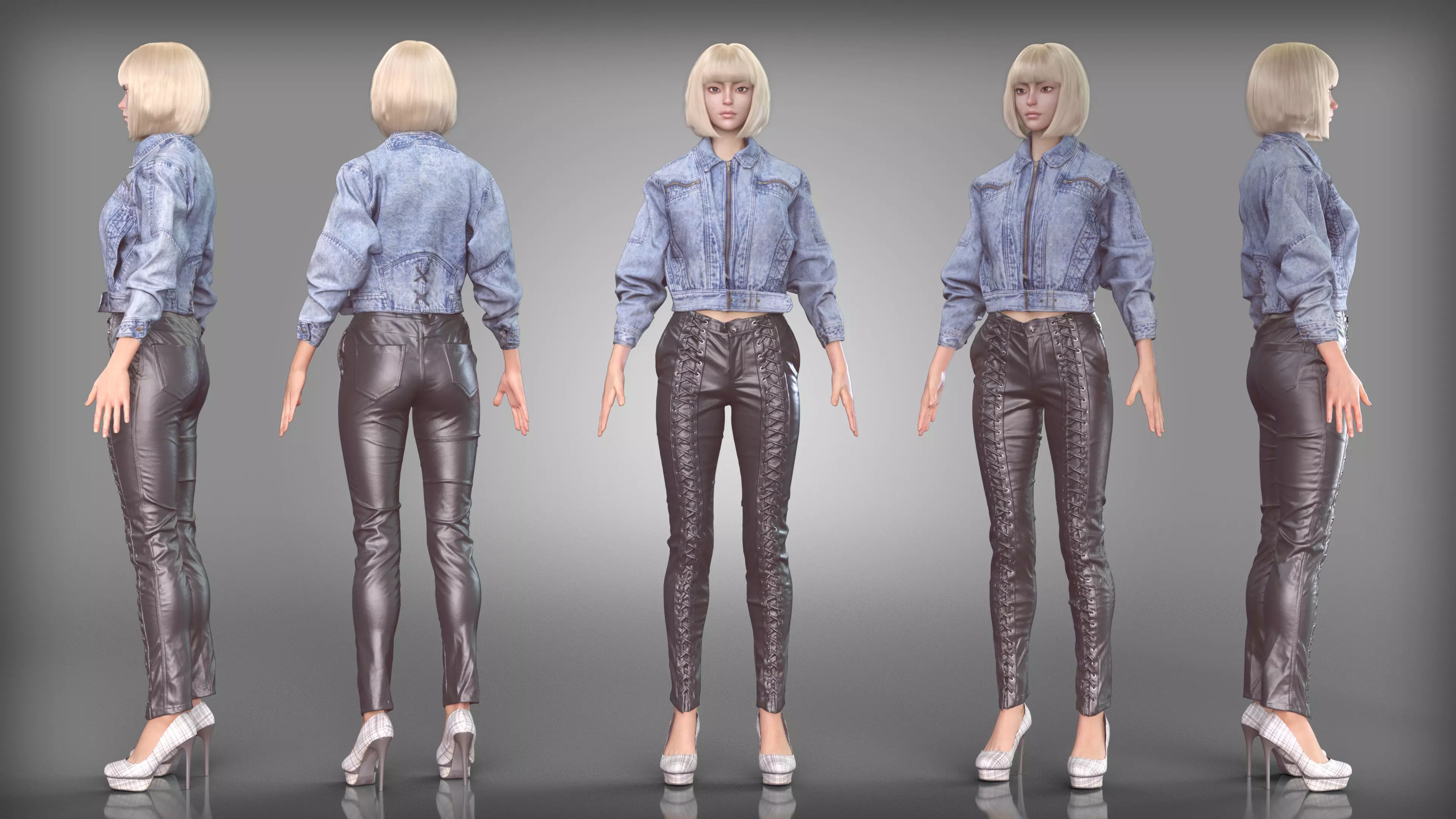 Denim Jacket and Lace Up Leather Pants Outfit Plaid High Heels Low-poly 3D model