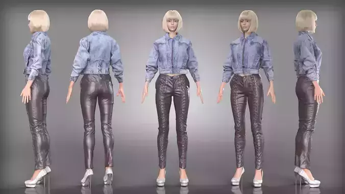 Denim Jacket and Lace Up Leather Pants Outfit Plaid High Heels