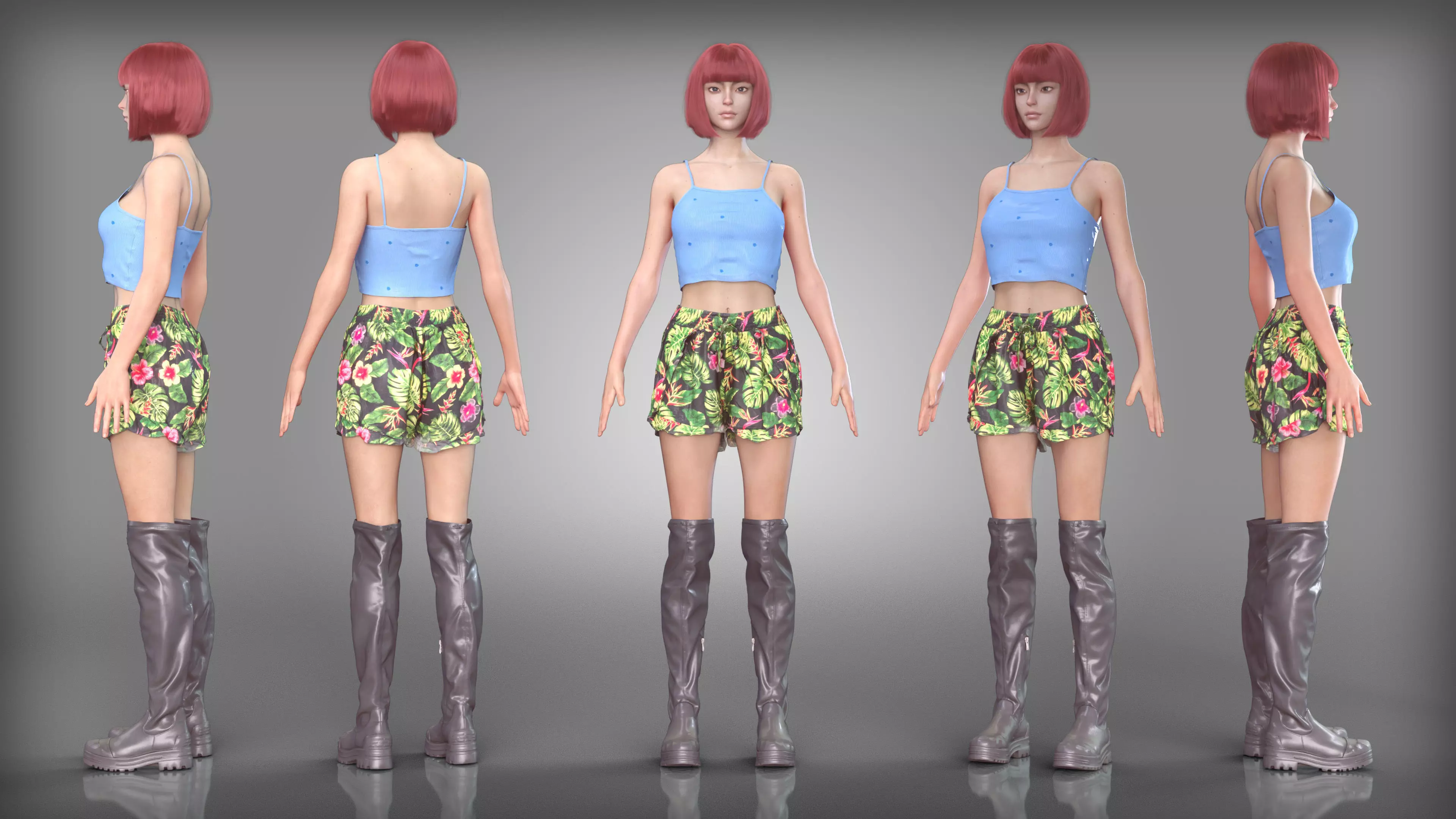 Blue Crop Top and Tropical Shorts Outfit Knee High Leather Boots Low-poly 3D model