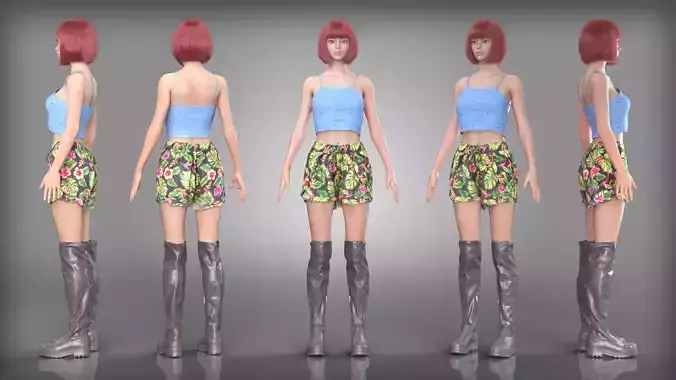 Blue Crop Top and Tropical Shorts Outfit Knee High Leather Boots
