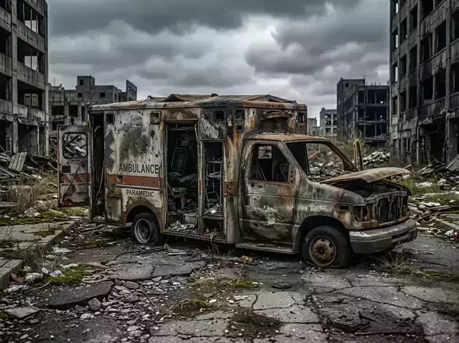 Wrecked Ambulance Vehicle - Post-Apocalyptic PBR Game Ready
