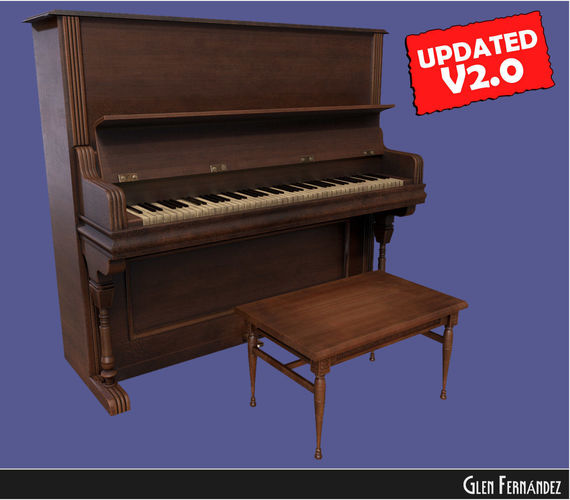 Old victorian wooden upright piano low poly -UPDATED Low-poly 3D model