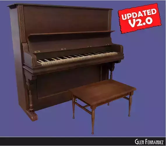 Old victorian wooden upright piano low poly -UPDATED Low-poly 3D model