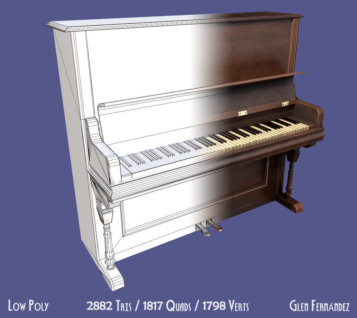 Old victorian wooden upright piano low poly -UPDATED Low-poly 3D model_3