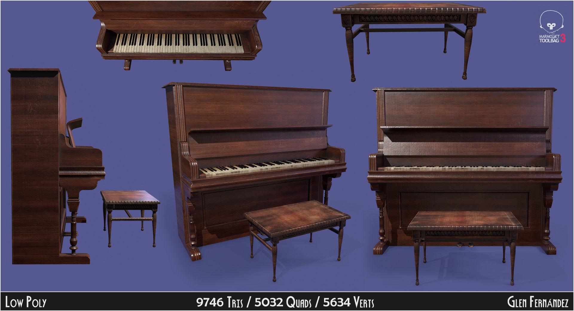 Old victorian wooden upright piano low poly -UPDATED Low-poly 3D model_11