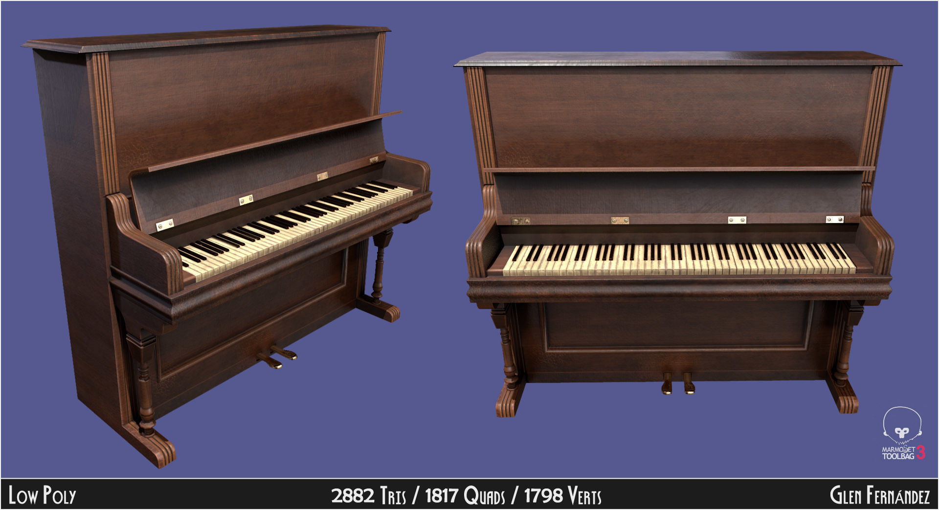 Old victorian wooden upright piano low poly -UPDATED Low-poly 3D model_1