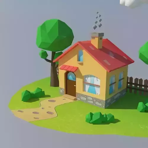 Low Poly House with trees and grass Low-poly 3D model