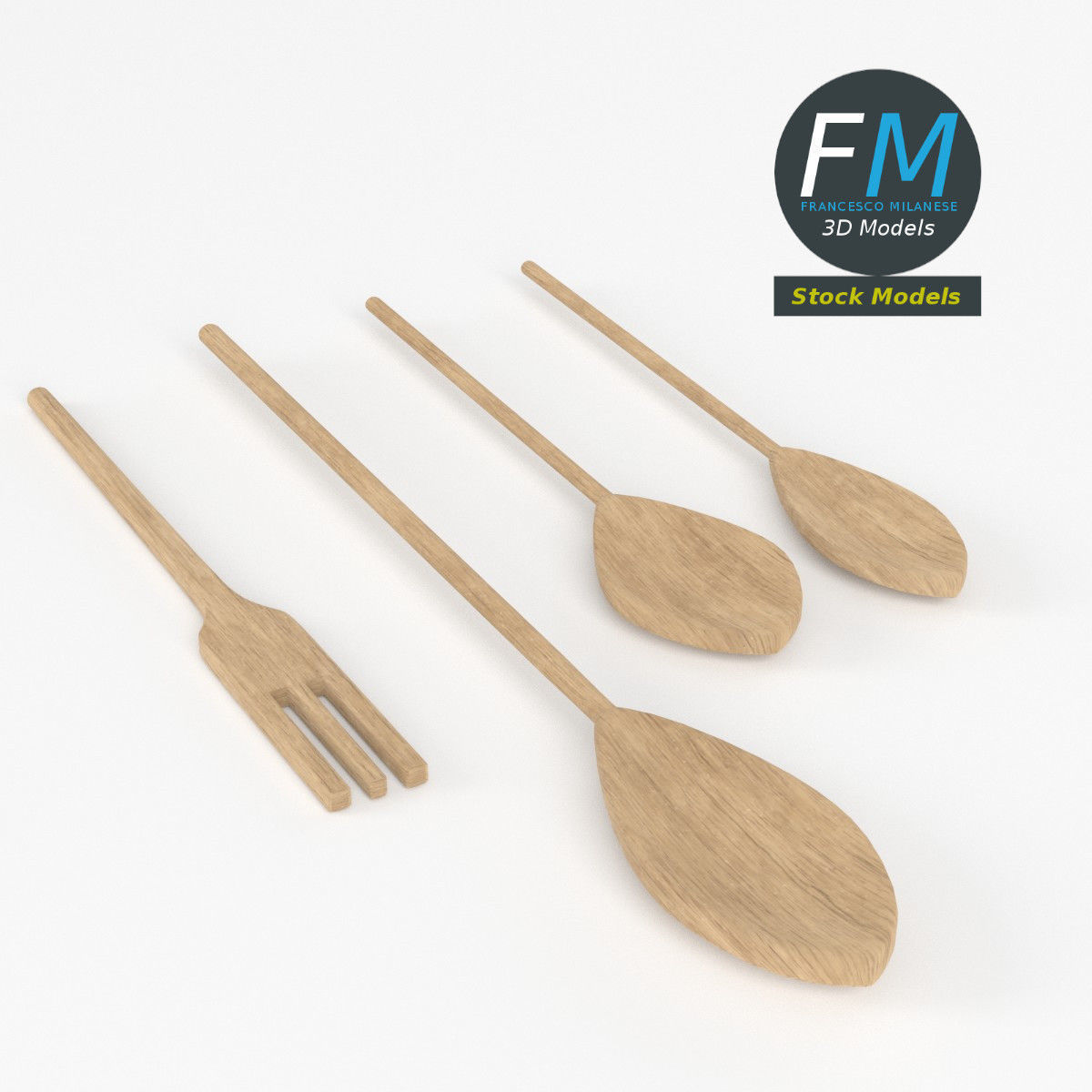 Wooden spoons and fork 3D model_2
