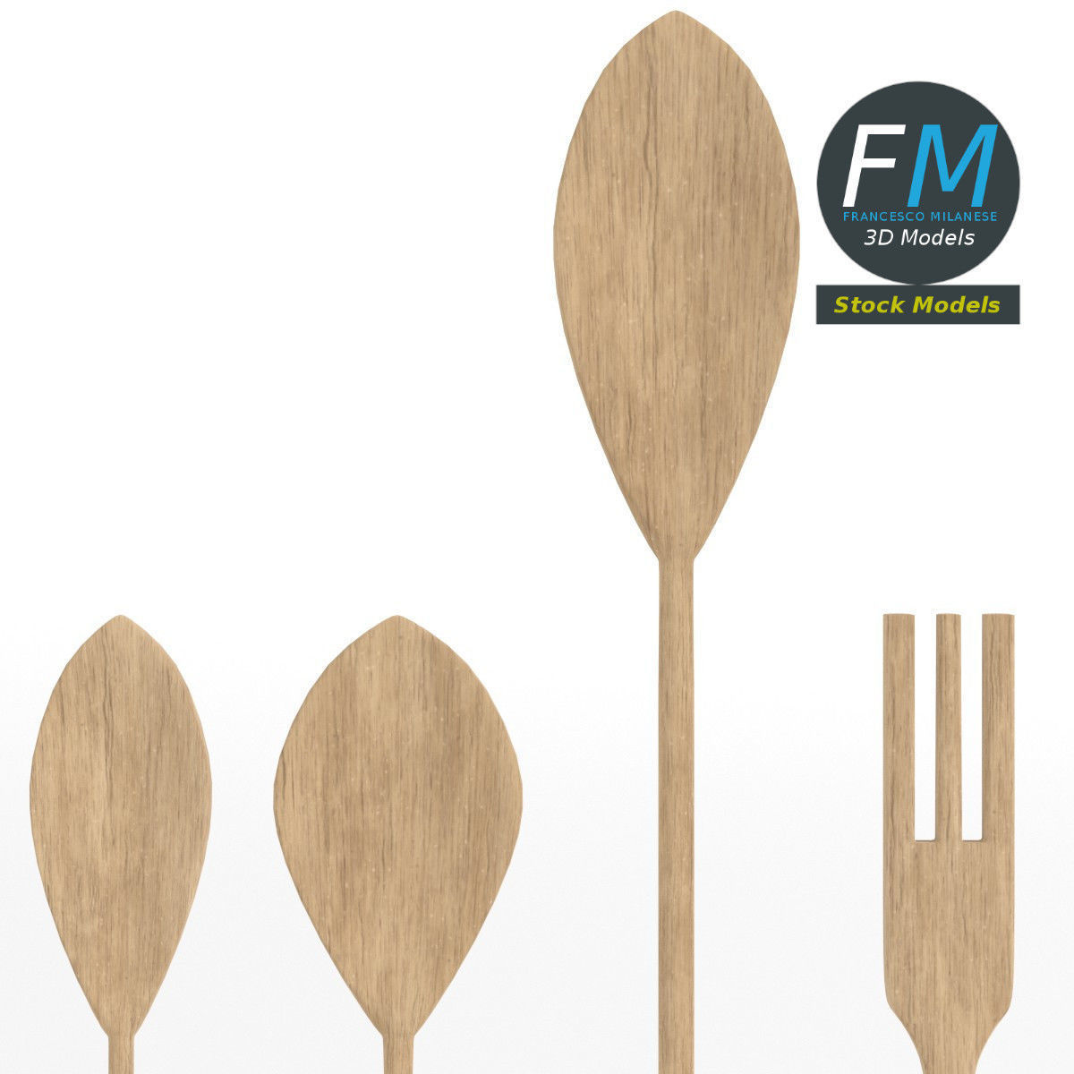 Wooden spoons and fork 3D model_3
