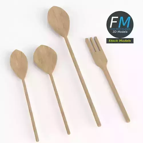 Wooden spoons and fork 3D model