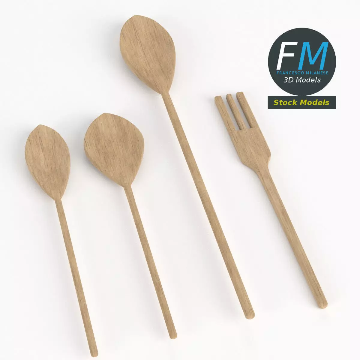 Wooden spoons and fork 3D model_0