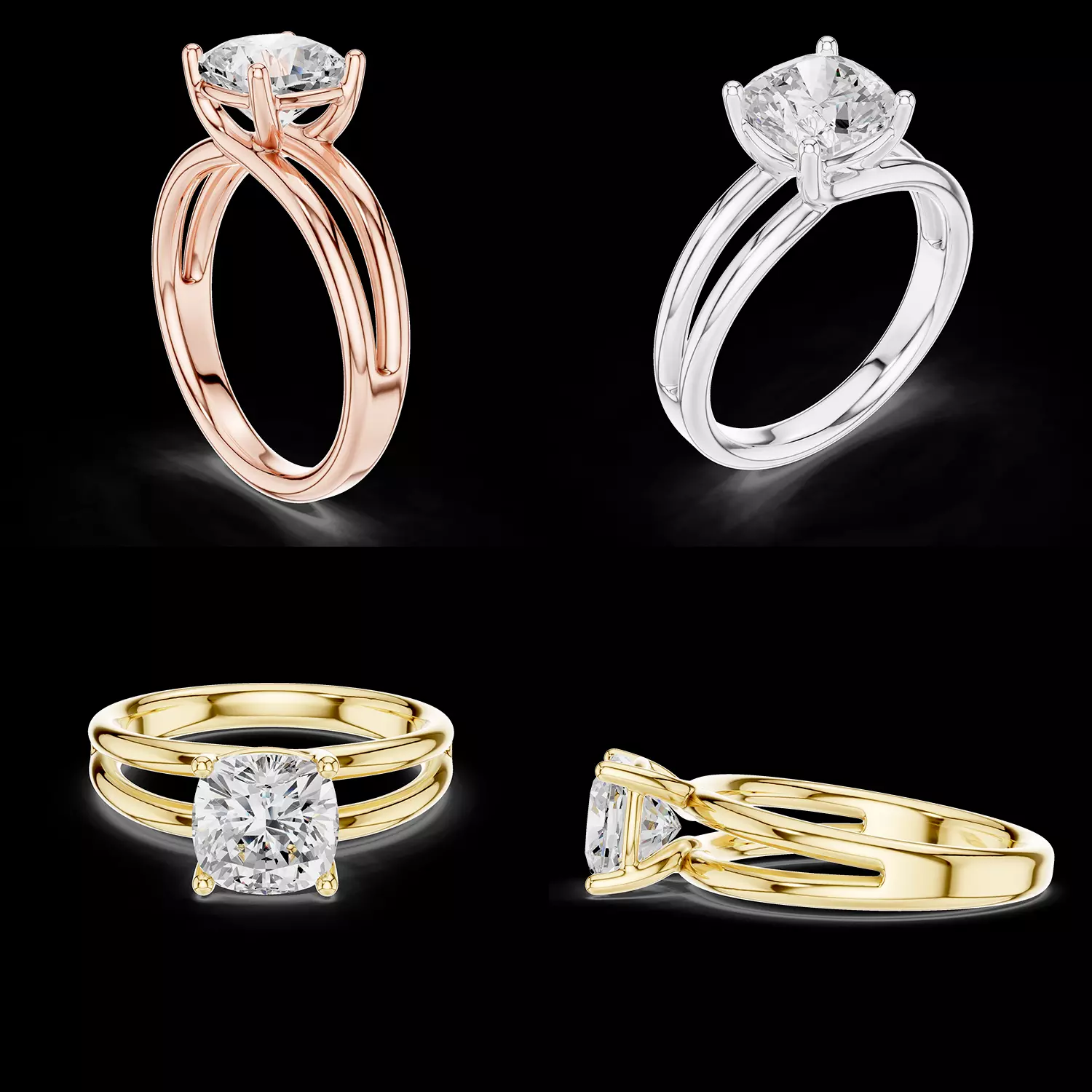 Cushion Cut Double Band Solitaire Ring STL 3DM CAD Model File 3D print model