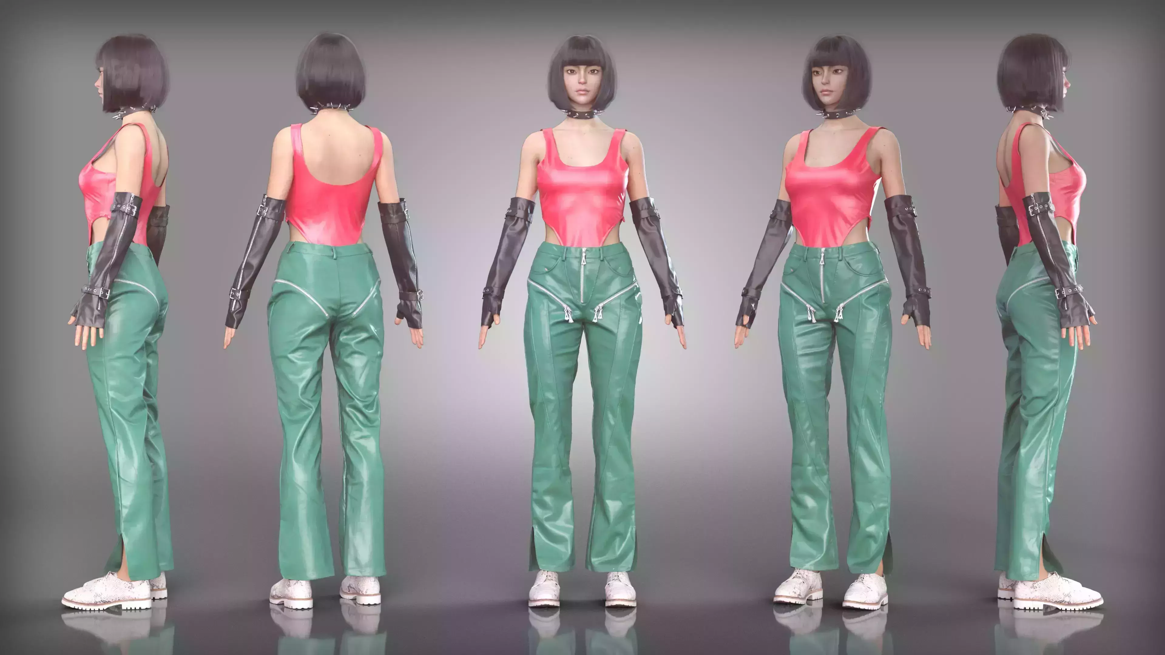 Red Shiny Swimsuit Leather Green Zipper Pants Vinyl GLoves Boots Low-poly 3D model
