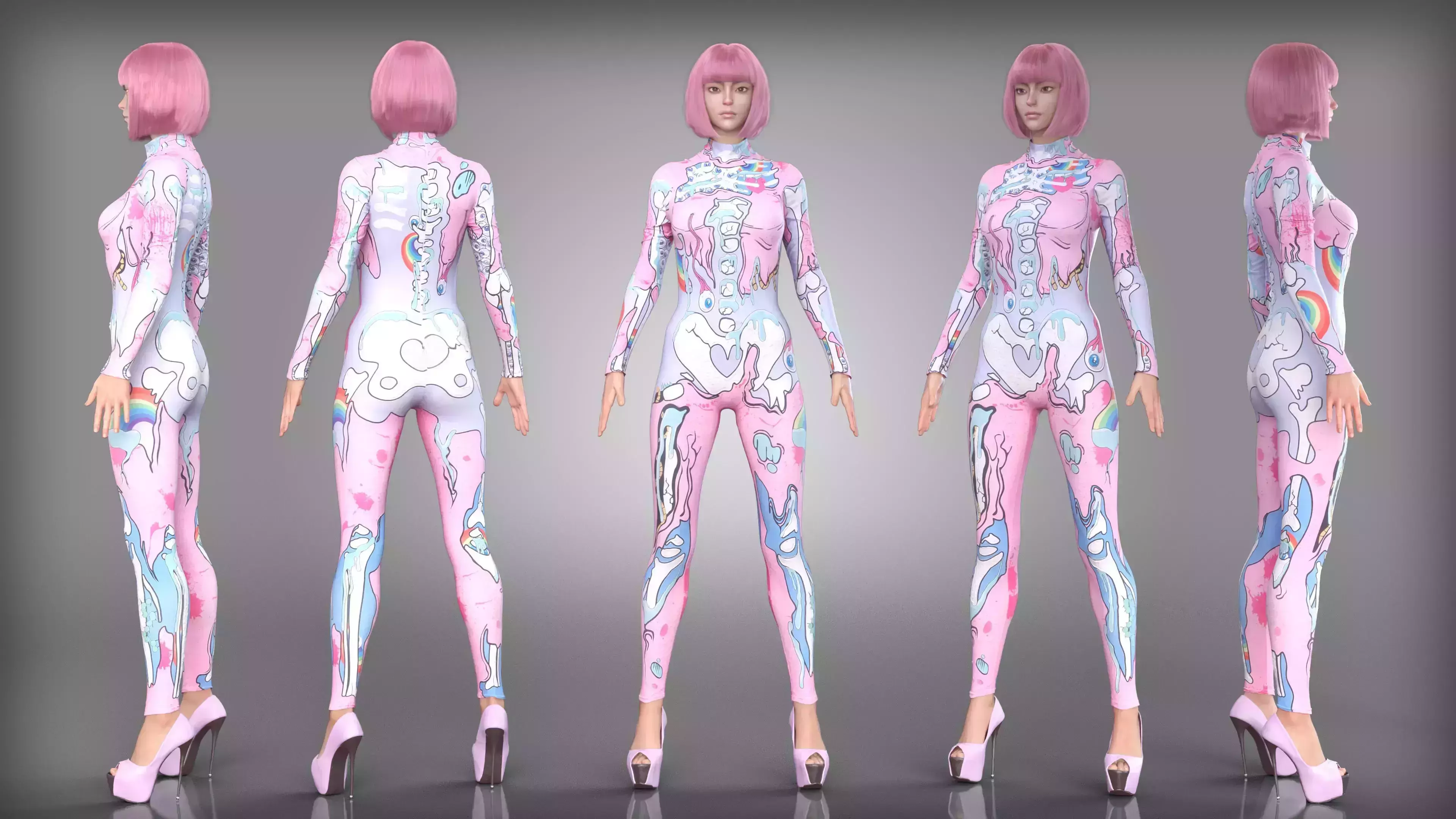 Pink Skeleton Print Bodysuit with High Heels Low-poly 3D model