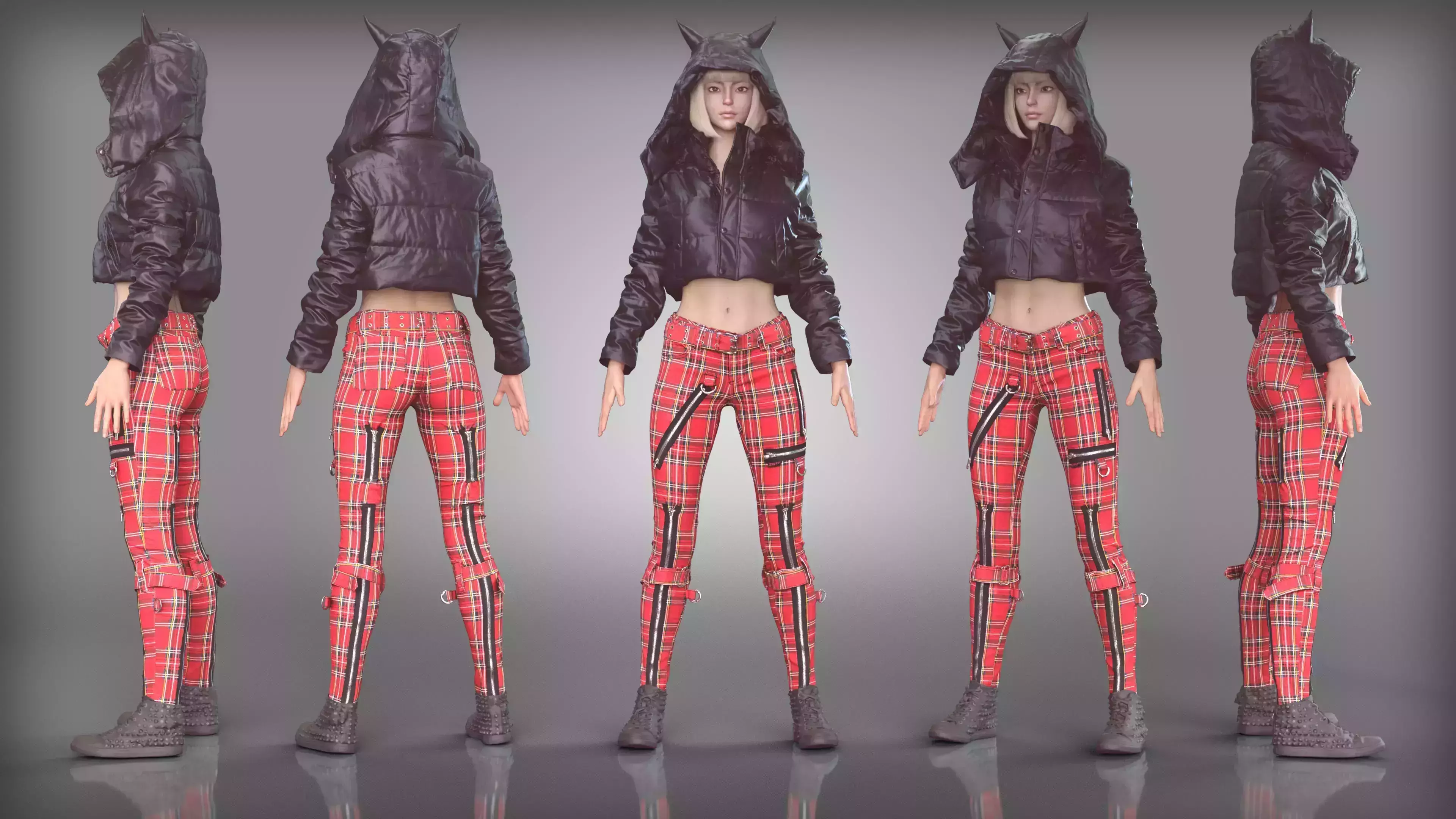 Devil Horn Hoodie Red Plaid Pants Outfit Flat Spike Shoes Low-poly 3D model