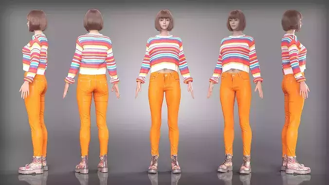 Vibrant Striped Crop Top and Orange Jeans Outfit with Boots