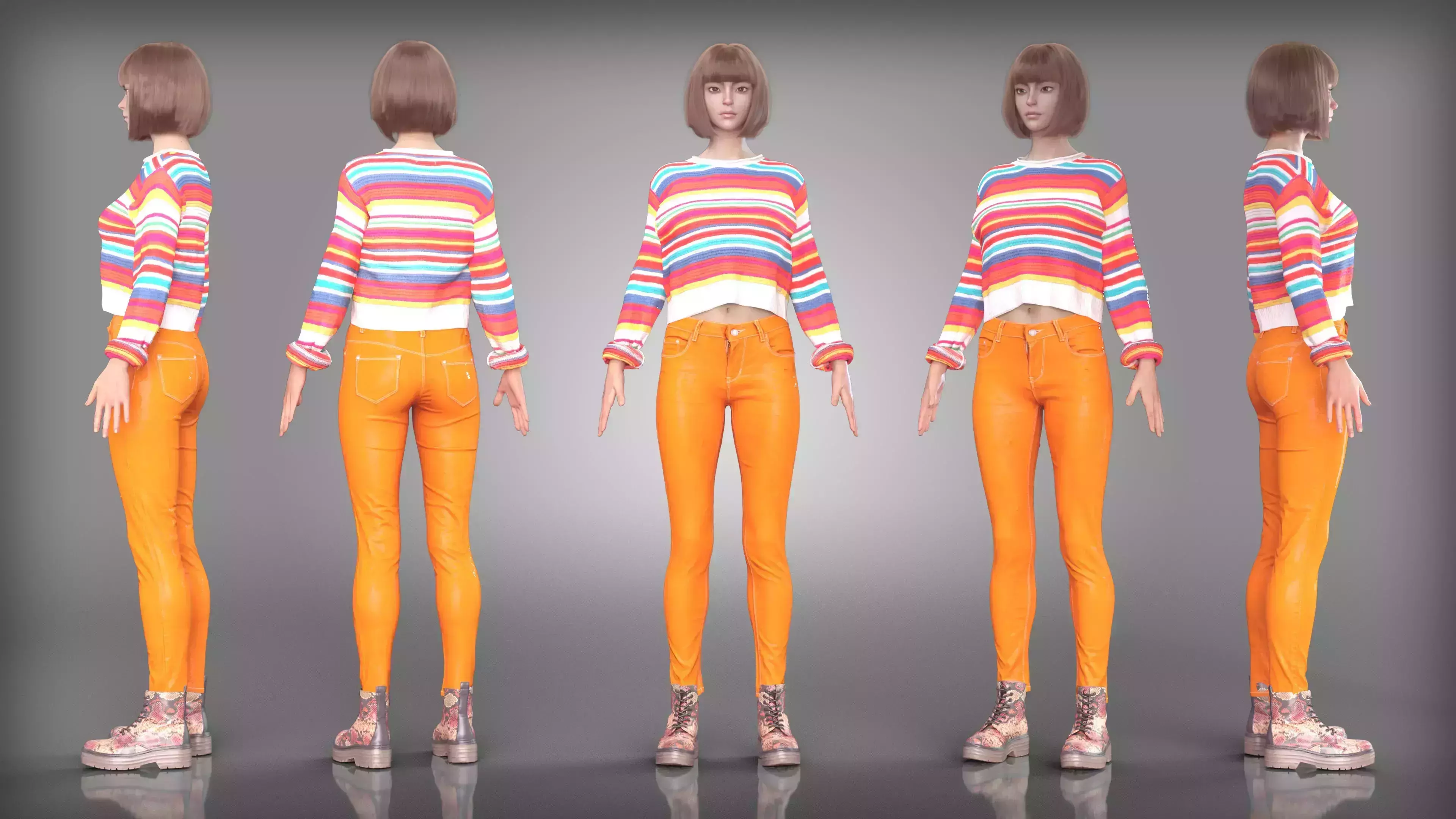 Vibrant Striped Crop Top and Orange Jeans Outfit with Boots Low-poly 3D model
