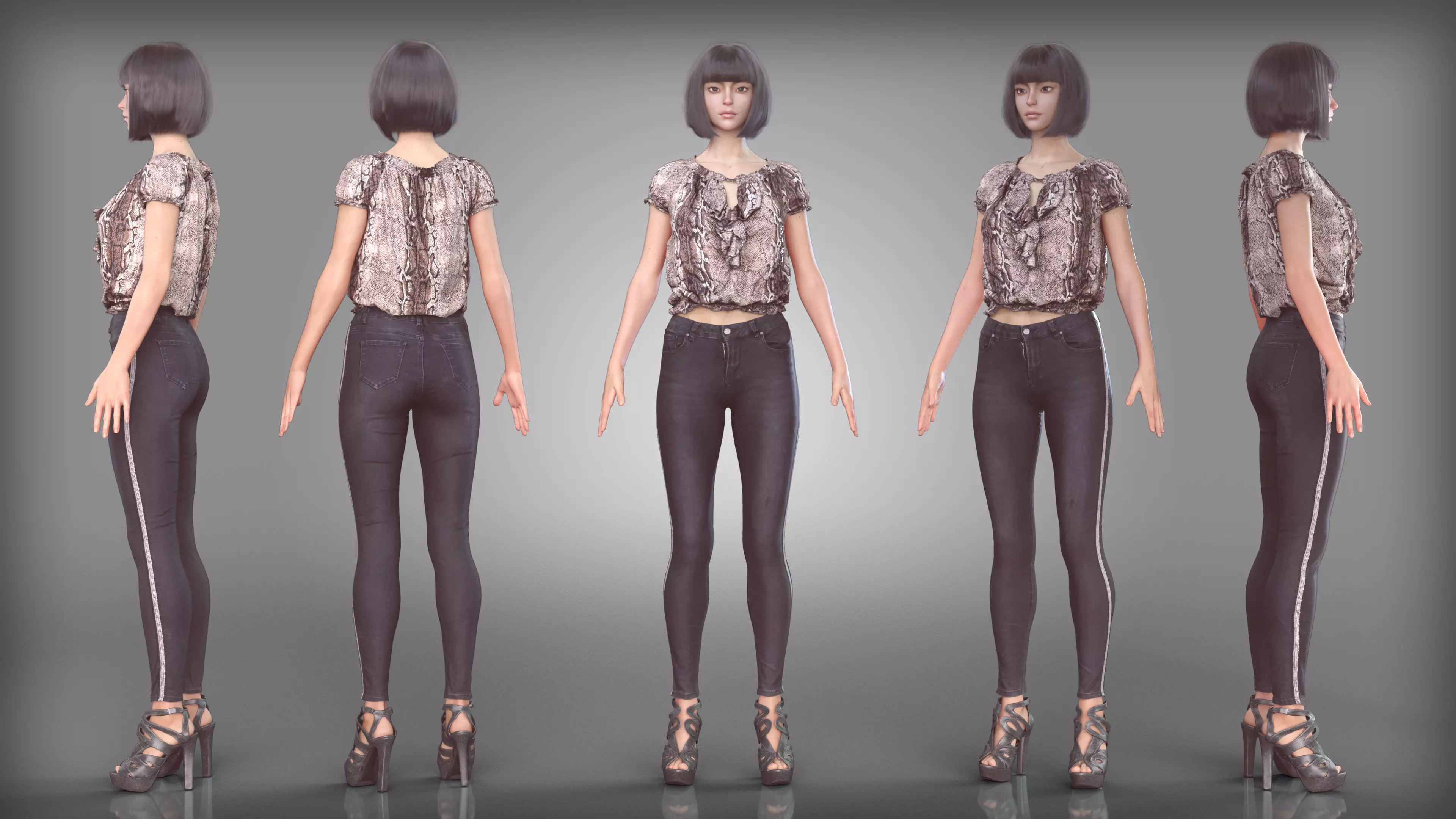 Snake Print Top and Side Stripe Jeans Outfit Strapped High Heels Low-poly 3D model