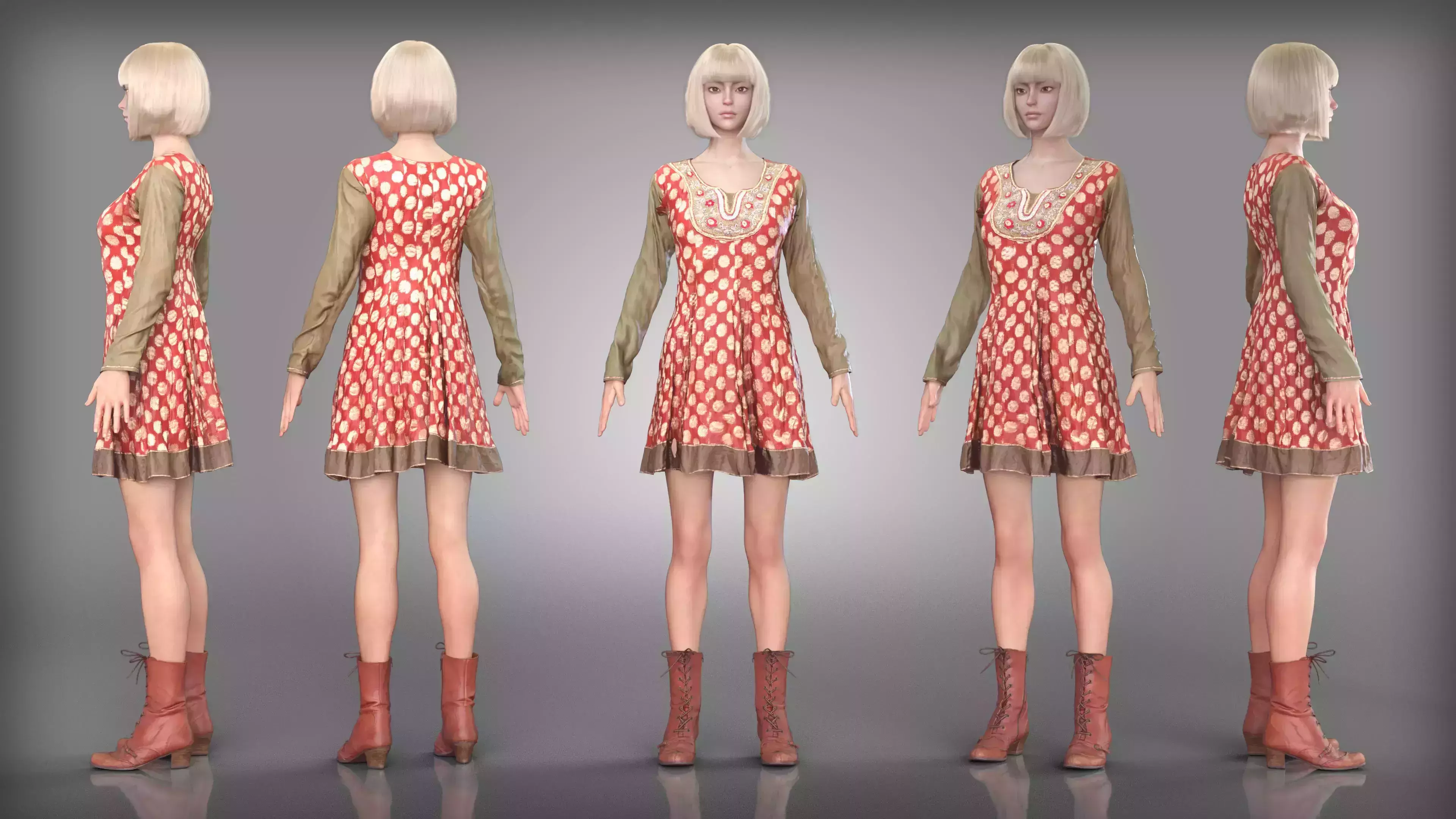 Red Polka Dot Dress with Lace Up Boots Low-poly 3D model