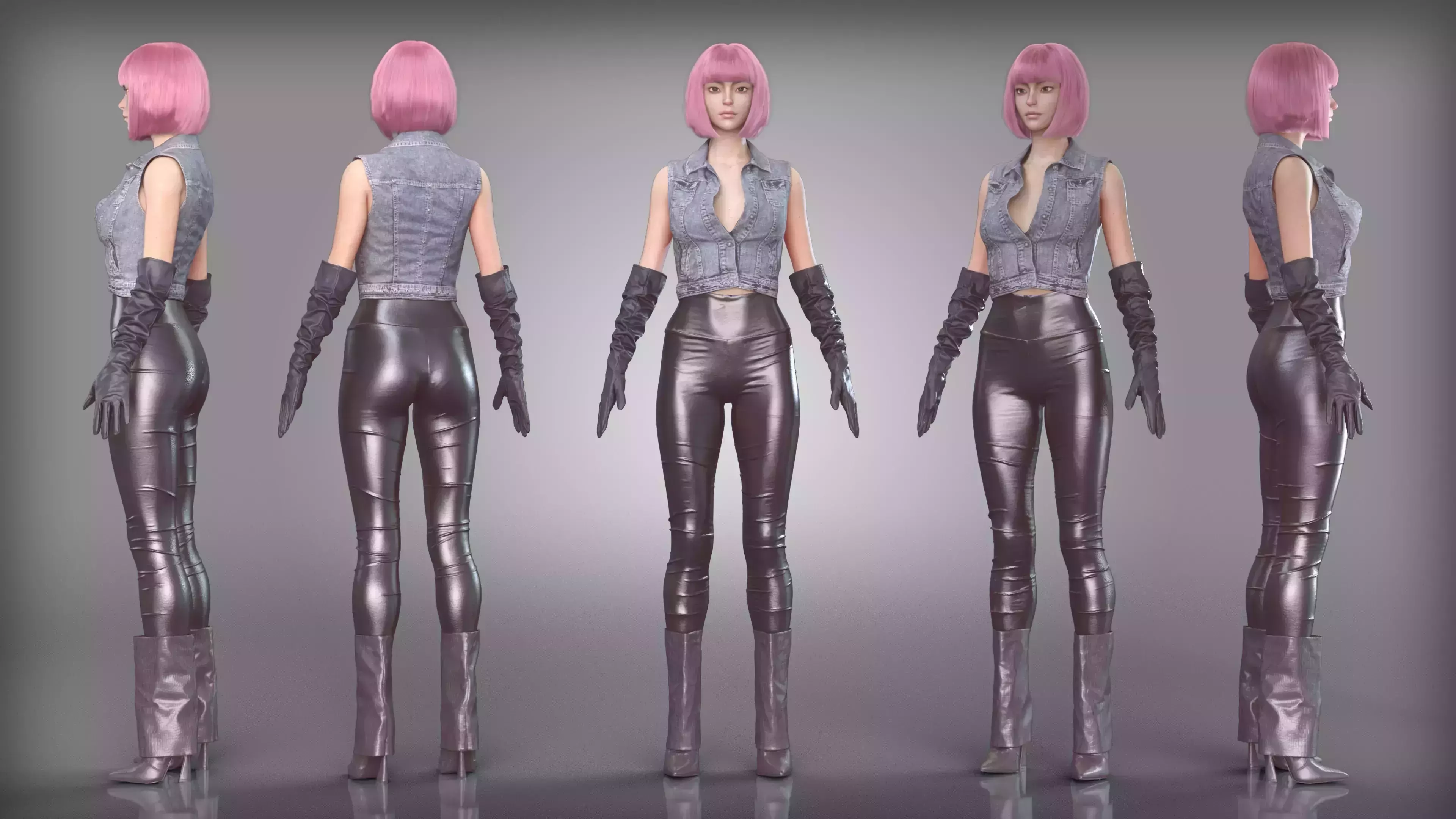 Denim Vest and Shiny Leather Leggings Outfit Fold Over Boots Low-poly 3D model