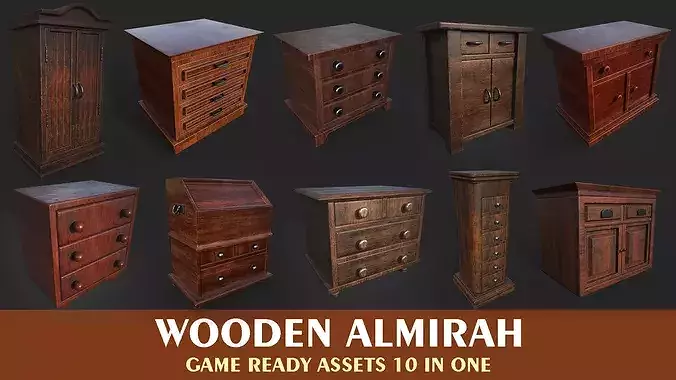 wooden almirah game ready 10 in one Low-poly 3D model